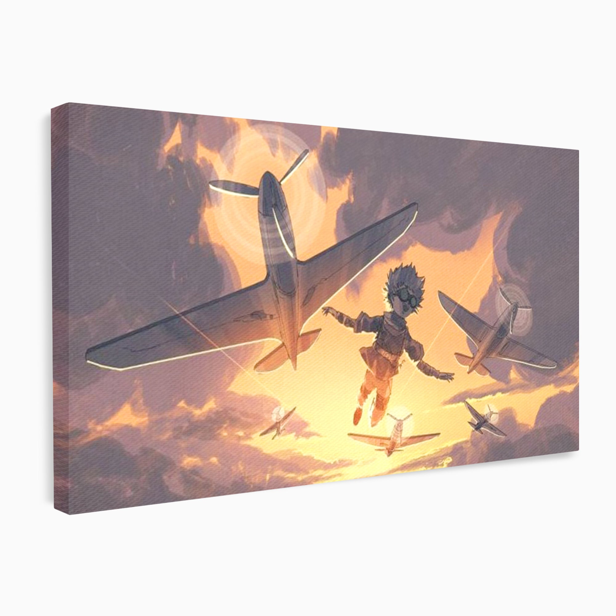 Tablou canvas cu ilustratie digitala cu un baietel zburand alaturi de avioane, fara rama, pe sasiu de lemn
